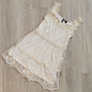 RU Cowgirl Boho Festival Western Sheer Floral Lace Tulle Sleeveless Dress, Large